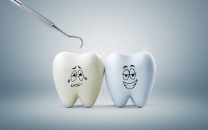 Two cartoon teeth with facial expressions, one sad with tears and one happy, with a dental tool hovering above them