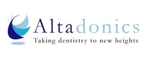 the logo of "Altadonics" with the tagline "Taking dentistry to new heights." It features a blue and white color scheme with a stylized design