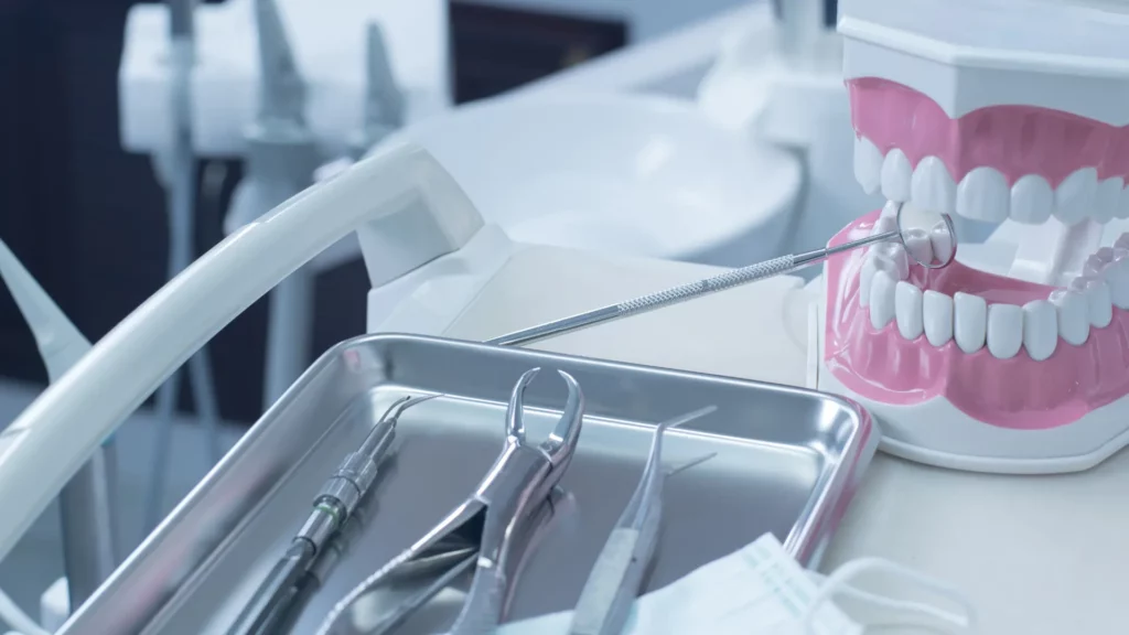 Dental instruments on metal tray