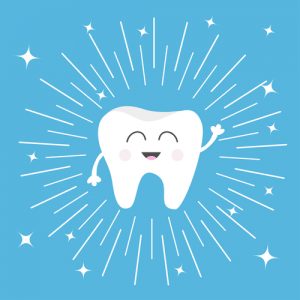 smiling cartoon tooth on blue background with shooting stars