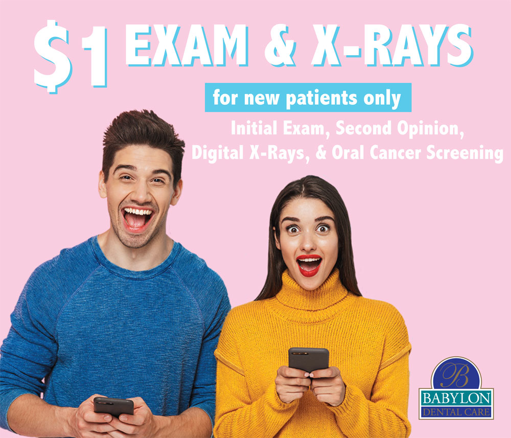 an advertisement for a $1 Exam & X-Rays offer for new patients. It includes services like an initial exam, second opinions, digital X-rays, and oral cancer screening. The background is pink, with a young man and woman excitedly holding their phones.